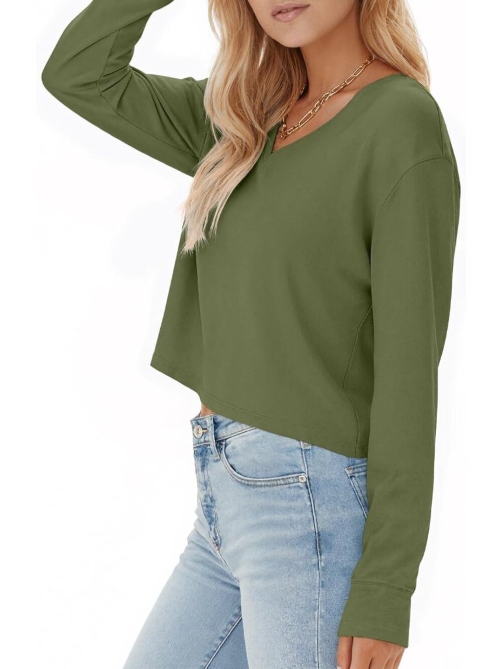 〽️Women's Army Green 1 Short Sleeve V Neck Cropped Casual Crop Tops T Shirts